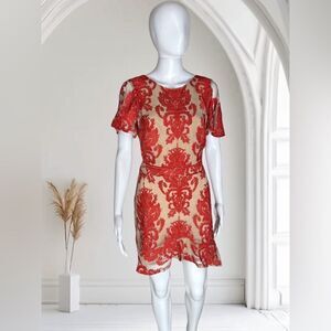 FOR LOVE AND LEMONS San Marcos Backless Mini Dress Red Lace Nude Mesh